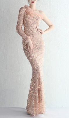 ONE-SHOULDER PUFF SLEEVE SEQUIN STITCHED MAXI DRESS Pink Sequin Dress, Lace Decor, Flowers Bloom, Pink Sequin, Plus Dresses, Corset Dress, Bandage Dress, Blouse Dress, Stunning Dresses