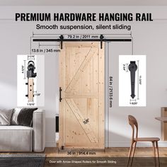 an image of a wooden sliding door with measurements for the size and width in front of it