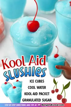 an advertisement for kool aid slushies with ice cubes and cherries