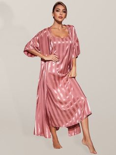 Hey guys, if you're looking for an ideal Valentine's Day gift, this women's camisole strap pajama long nightgown and robe might be the answer. It also makes a great gift idea for your special lady for occasions such as Christmas or her birthday. The elegant design and luxurious feel will make your woman look and feel like a princess.Additional Product Specifications: Sizing: True to size Material Composition: 97% Polyester, 3% Elastane/Spandex Camisole Gown Sleeve Type: Sleeveless Collar: V-neck Bride Robes, Silk Robe Long, Suspenders For Women, Pyjamas Womens, Dressing Gowns, Sleeveless Outfit, Weave Style, Flounce Sleeve, Striped Fabrics