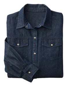 Could this be the world's most perfect denim shirt? We think so. In an eye-catching shade of deep blue and with snaps instead of buttons, it's a look that's classic, versatile, and absolutely essential. Styled with a snap front, chest pockets with snap flaps, long sleeves with snap cuffs, a curved hem, and side slits. Hits below hip. Neckline: Button-Down Sleeve Length: Long Length: Misses 28''; Petites 26''; Women's 29'' Content: 100% Cotton. Care: Machine wash. Origin: Imported Long Sleeve Denim Shirt, Perfect Denim, Hoodie Sweater, Denim Shirt, Long Length, Deep Blue, Sweater Hoodie, Shirt Blouses, Dark Blue