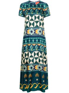 emerald green/multicolour silk satin finish geometric-pattern print round neck rear zip fastening short sleeves shift style straight hem ankle-length