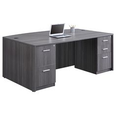 an office desk with two drawers and a laptop on it