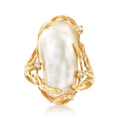 10x24mm Cultured Biwa Baroque Pearl Ring with Diamond Accents in 14kt Yellow Gold White Pearl Ring, Cultured Pearl Ring, Pearl Birthstone, Multi Gemstone Ring, 7 Ring, Pearl And Diamond Ring, Fine Jewelery, Silver Jewellery Sets, Ring With Diamond