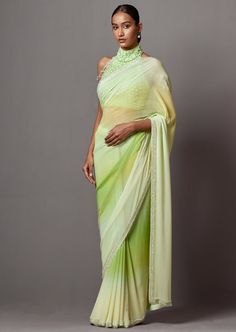 Ombre saree with hi-shine crystals on the border paired with a statement crystal beaded blouse. Ombre Saree, Green Sari, Ombre Green, Beaded Blouse, On The Border, Nehru Jackets, Green Ombre, Western Wedding, Wedding Service