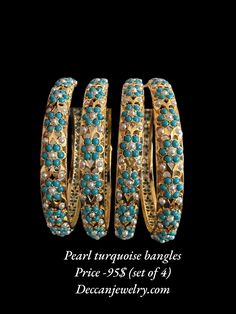 Ready to ship bangles  Comes in set of 4  Made using shell  pearls  22ct gold plated  Delivered in 3-5 days within USA Jadau Bangles, Pearl Bangles Gold, Punjabi Jewellery, Pearl Bangles, Custom Bangle, Gold Bangles For Women, The Bangles, Pearl Bangle, Gold Plated Bangles