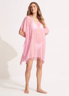 Lightweight and Loose Fitting Tassel Trim Side Splits Length: 85 cm (Seafolly AUS Size S/10) Fabric: 100% Cotton One size Pink V-neck Beachy Cover-up, Beachwear Short Sleeve Beach Tunic, Summer Tunic With Tassels For Vacation, Summer Vacation Tunic With Tassels, V-neck Beach Cover-up With Tassels, V-neck Beachwear Cover-up With Tassels, Spring Beach Sleeveless Tunic, Sleeveless Tunic For Spring Beach Outing, Pink Beach Dress For Resort Season