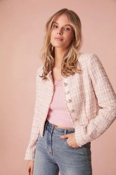 Designer Jackets for Women | LoveShackFancy Tweed Cropped Jacket, Love Shack Fancy, Pink Tweed, Designer Jackets, Cami Nyc, Dressy Pants, Tweed Skirt, Pink Jacket, Cropped Jacket