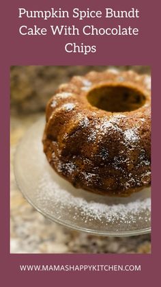 pumpkin spice bundt cake with chocolate chips on a glass plate and text overlay reads pumpkin spice bundt cake with chocolate chips