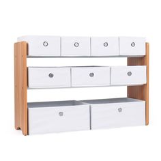 a white shelf with four drawers and two wooden shelves on the bottom one is open