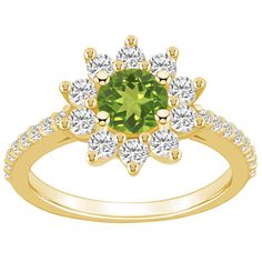 Featuring a round-cut peridot center stone wrapped in a crown of scintillating diamonds, this 14k gold Alyson Layne ring accents your look beautifully. Featuring a round-cut peridot center stone wrapped in a crown of scintillating diamonds, this 14k gold Alyson Layne ring accents your look beautifully.  Metal: 14k gold Packaging: boxed Width: 1/2 in. Finish: polishedSTONE DETAILS Stone type: peridot Total weight: 1 3/4 ct. Center stone weight: 1 ct. Center stone size: 6 mm Shape: round Setting: Peridot Diamond Ring For May Birthstone, Peridot Diamond Ring With Round Cut, Peridot Round Cut Diamond Ring, Green Diamond Halo Ring In Round Cut, Fine Jewelry Diamond Ring With Peridot, Formal Peridot Diamond Ring With Center Stone, Fine Jewelry Peridot Diamond Ring, Green Cluster Ring With Brilliant Cut, Green Brilliant Cut Cluster Ring