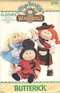 an advertisement for the cabbage patch kids'world traveler doll set, featuring three dolls