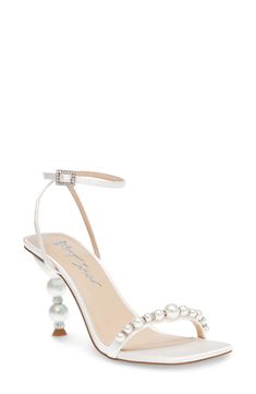 Pearly beads and dazzling embellishments lend timeless glamour to a luxe satin sandal fashioned with an angular square toe for contemporary appeal. 3 1/2" heel Adjustable ankle strap with buckle closure Cushioned footbed Synthetic upper, lining and sole Imported Timeless Glamour, Strap Sandals Women, Sandal Fashion, Ankle Strap Sandals, Strap Sandals, Betsey Johnson, Ankle Strap, Embellishments, Nordstrom