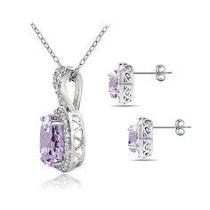 This stunning jewelry set includes stud earrings featuring 7x5mm oval amethyst gemstones set in a polished halo setting with surrounding white topaz stones and a pendant necklace featuring an oval 9x7mm amethyst gemstone with the "X" design bale showcasing white topaz gemstones for an added touch. The set is entirely crafted of fine sterling silver, nickel & tarnish free. The earrings are secured by post with friction backs and the necklace secures with a spring-ring clasp. The necklace incl Elegant Oval Pendant Topaz Jewelry, Fine Jewelry With Oval Blue Topaz, Oval Topaz Birthstone Jewelry, Anniversary Oval Fine Jewelry Sets, Oval Cubic Zirconia Jewelry Set For Anniversary, Oval Topaz White Gold Jewelry, White Gold Topaz Oval Jewelry, White Gold Oval Topaz Jewelry, Oval White Gold Topaz Jewelry