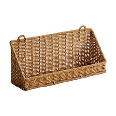 a wicker basket with handles on the bottom is shown in front of a white background