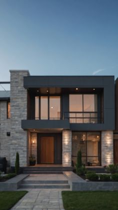 a modern house with large windows and stone steps leading up to the front door at dusk