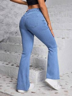 SHEIN PETITE Ladies' Flared Denim Pants With Pockets, For Everyday Casual Wear | SHEIN USA Solid Mid-rise Non-stretch Flare Jeans, Mid-rise Solid Color Denim Flare Jeans, Solid Mid-rise Denim Flare Jeans, Solid Denim Bottoms, Casual High-waist Non-stretch Flare Jeans, High Waist Flare Jeans Casual Style, High Waist Solid Color Flare Jeans, Casual Full Length Non-stretch Flare Jeans, Solid Full-length Denim Flare Jeans