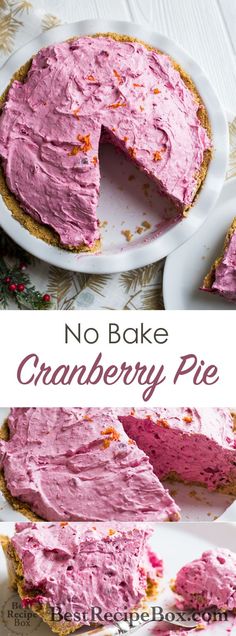 no bake cranberry pie on a white plate with one slice cut out