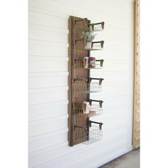 Recycled Wood & Metal Wall Rack with Six Wire Storage Baskets - Chapin Furniture Large Wooden Spools, Wall Basket Storage, Wire Bins, Wire Basket Storage, Vintage Farmhouse Style, Family Wall Decor, Wall Mount Rack, Wall Shelves Design, Wire Storage