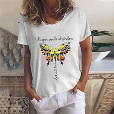 Women Whisper Words Of Wisdom Let It Be Butterfly T-Shirt Casual Relaxed Fit Tops With Printing, Casual Relaxed Fit Printed Tops, Summer Crew Neck Top With Printing, Summer Printed Crew Neck Top, Casual Printed T-shirt, Casual White Print T-shirt, Casual Short Sleeve Printed T-shirt, Casual White Top With Printing, Casual White Top With Printing Details