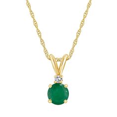 "You'll love the impressive design of this beautiful emerald and diamond accent pendant necklace. You'll love the impressive design of this beautiful emerald and diamond accent pendant necklace. Pendant size: 1/2""L x 1/4""W Chain length: 18 in. Chain type: rope Clasp: spring-ring Metal: 14k gold Finish: polished Packaging: boxedSTONE DETAILS Stone type: emerald Total weight: 1/2 ct. Center stone size: 5 mm Shape: round Setting: prongDIAMOND DETAILS Total weight: less than 1/10 ct. Shape: round Formal Diamond Necklace For May Birthstone, Classic Emerald Pendant Necklace With Diamond Accents, Yellow Gold Diamond Necklace For May Birthstone, Green Round Diamond Cut Necklace, Classic Emerald Necklace With Diamond Accents, Classic Round Emerald Necklace With Diamond Accents, Classic Green Diamond Pendant Necklace, Green Pendant Diamond Necklace In Classic Style, May Birthstone Pendant Emerald Diamond Necklace