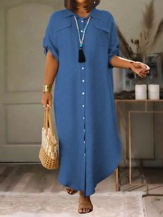 Plus Size Women's Summer Solid Color Rolled Sleeve Single-Breasted Casual Long Shirt Dress Dusty Blue Casual  Short Sleeve Woven Fabric Plain Shirt Non-Stretch  Women Plus Clothing, size features are:Bust: ,Length: ,Sleeve Length: Looks For Short Women, Dress Dusty Blue, Casual Pullover Sweater, Floral Print Pants, Dress Dusty, Long Shirt Dress, Plain Shirts, Vestido Casual, Casual Pullover