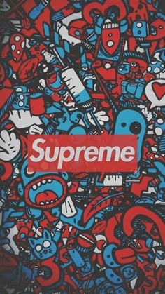 the supreme sticker is surrounded by many cartoon characters and symbols in red, blue, and black