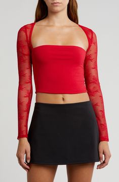 A sheer lace yoke and sleeves enhance the whimsical romance of a square-neck crop top cut from a soft, stretchy knit. Square neck Long sleeves 95% rayon, 5% spandex with 87% nylon, 13% spandex lace Machine wash, dry flat Imported Fitted Crop Top With Lace Sleeves, Fitted Red Top With Lace Trim, Fitted Red Tops With Lace Trim, Red Fitted Top With Square Neck, Red Fitted Lace Top, Fitted Red Lace Top, Long Sleeve Lace Crop Top, Neck Crop Top, Lace Crop Tops