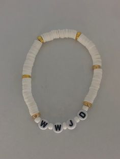 When you are in a rough situation, ask yourself, "what would Jesus do?" My W.W.J.D. Bracelet: -Is handmade with love and care.  -Comes in five colors; light tan, pastel pink, pastel blue, periwinkle, and white.  - Has a with of 7 inches. If you need a custom size, please contact me. **To preserve the bracelet as long a possible, make sure to keep it away from water and make sure to store it in a safe place. W W J D Bracelet, Customized White Round Bracelets, Customized White Beaded Bracelets For Everyday, Customizable White Bracelets For Everyday, Handmade White Bracelets For Everyday, Everyday Customized White Beaded Bracelets, Everyday Handmade White Bracelets, Everyday White Handmade Bracelets, Customized White Name Bracelet For Everyday