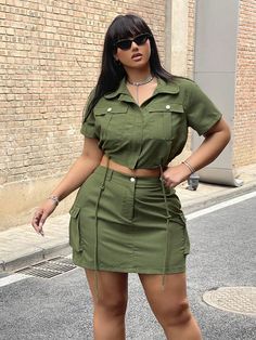 Plus Size Summer Casual Solid Color Cropped Shirt & Skirt Workwear Set Army Green Casual    Plain  Non-Stretch  Women Plus Clothing, size features are:Bust: ,Length: ,Sleeve Length: Co Ords Outfits Summer, Cargo Skirt Outfit, Plus Size Summer Casual, Co Ords Outfits, Solid Color Jumpsuits, Skirt Casual, Half Skirt, Crop Top Skirt, Co Ords