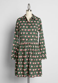 Clever as a fox, you have found a truly unique tiered shirt dress from Irish brand Circus ! Made from a lightweight woven fabric in a stylish shade of hunter green, this retro-chic smock dress boasts an all over print of red and white fox motifs, a sweet Peter Pan collar, and button-up closure at the bodice and at the cuffs. Finished with a vintage-inspired gathered skirt at the empire waist that creates a darling easy-fit and a babydoll-inspired silhouette, this button-up dress is such a great Pretty Casual Dresses Modcloth, Pretty Dresses Casual Modcloth, Fancy Plus Size Dress Modcloth, Mod Style Short Sleeve Dress With Retro Print, Retro Vintage Dress With Peter Pan Collar, Women’s Dresses Modcloth, Modcloth Vintage, Orange Mod Dress With Retro Print, Fox Print Dress Women