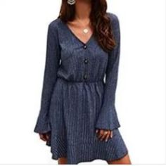 New In Bag; Blue Dress; Flows Very Well And Flattering With Bell Sleeves. Simple Cocktail Dress, High Low Cocktail Dress, Cute Dresses For Party, Outfits Dress, Floral Chiffon Dress, Summer Dresses For Wedding Guest, Flare Sleeves, Long Sleeve Casual Dress, Midi Dress Summer