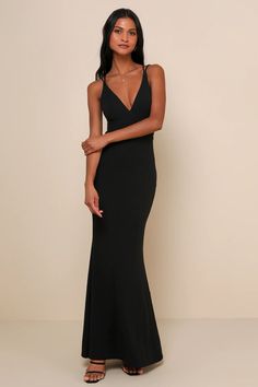 Who could possibly resist you in the Lulus All this Allure Black Strappy Backless Mermaid Maxi Dress? Medium-weight, stretchy crepe knit creates this absolute knockout of a dress and its princess-seamed bodice, V-neckline, and sexy open back with a network of crisscrossing straps. Figure-skimming skirt flares out at the maxi hem to create a dramatic mermaid silhouette. Hidden back zipper/clasp. Elastane Maxi Evening Dress For Prom, Sleeveless Elastane Evening Dress For Prom, Floor-length Elastane Evening Dress For Prom, Evening Maxi Dress With Fitted Bodice And Fishtail, Mermaid Hem Evening Dress With Back Opening, Fitted Fishtail Maxi Dress For Evening, Fitted V-neck Mermaid Dress For Evening, Sleeveless Elastane Evening Dress, Fitted Mermaid Maxi Dress For Evening