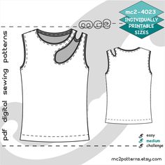 the front and back view of a women's tank top sewing pattern, with measurements for