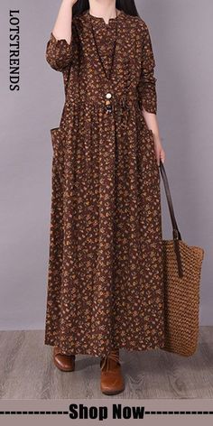 2021 Fall Retro Disc Buckle Floral Dress Casual Waist Dress Non-stretch Brown Winter Dress, Brown A-line Maxi Dress For Spring, Winter Floral Print Cotton Dress, Winter Cotton Dress With Floral Print, Winter Cotton Floral Print Dress, Fall Cotton Midi Dress With Floral Print, Fall Floral Print Cotton Dress, Brown Midi Dress For Spring, Fall Cotton Floral Print Dress