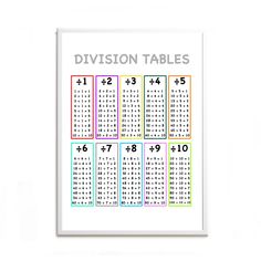 a printable division table with the numbers in rainbows and white, on a white background