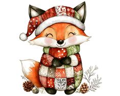 a watercolor painting of a fox wearing a santa hat and scarf with pine cones