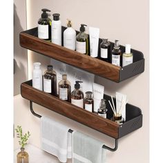 two wooden shelves holding different types of personal care items