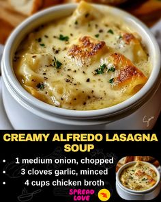 Creamy Alfredo Lasagna Soup Chicken Alfredo Soup Recipe, Alfredo Lasagna Soup, Sausage Lasagna Soup, Can Crushed Tomatoes, Chicken Alfredo Lasagna, Alfredo Lasagna, Lasagna Soup Recipe, Italian Soup, Lasagna Soup