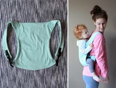 a woman holding a baby in her back and an image of a child wearing a sling