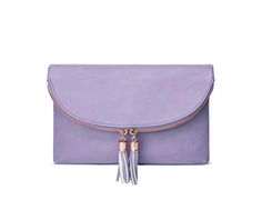 a purple clutch bag with tassels on the front and side, sitting against a white background