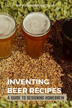 three glasses filled with beer sitting on top of a pile of brown grains next to each other