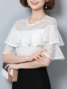 Product Descriptions Pattern Type: SolidSleeve Type: Frill SleeveNeckline: Crew NeckSilhouette: SheathElasticity: Non-stretchyThickness: Mid-weightColor: White,BlackSize: S,M,L,XL,XXL,3XLProcess: Binding,Guipure lace,Paneled,Ruffled,See-through LookMaterial: LaceStyle: CasualTheme: SummerFabric: 100% PolyesterLength (cm): S:57, M:59, L:61, XL:62, XXL:63, 3XL:64Shoulder (cm): S:44, M:45, L:46, XL:47, XXL:48, 3XL:49Bust (cm): S:78, M:82, L:86, XL:90, XXL:94, 3XL:98Sleeve Length (cm): S:22.5, M:23, L:23.5, XL:24, XXL:24.5, 3XL:25 Elegant Stretch Top With Half Sleeves, Fitted White Half Sleeve Blouse, Spring Half Sleeve Stretch Tops, Stretch Half Sleeve Tops For Spring, Spring Stretch Half Sleeve Tops, Fitted Half Sleeve Tops For Party, Elegant Fitted Top With Half Sleeves, Long Hooded Sweatshirt, Color Tops