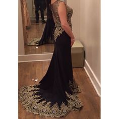 Black With Gold Embroidery, Sheer Back, Sleeveless. Only Wore Once! Black Sleeveless Gown For Banquet, Fitted Embroidered Evening Dress, Elegant Embroidered Evening Dress For Prom, Elegant Embroidered Prom Dress, Black Embroidered Dress For Banquet, Black Embroidered Dresses For Banquet, Black Embellished Gown For Banquet, Embellished Black Gown For Banquet, Elegant Sleeveless Embroidered Evening Dress