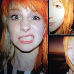 four different pictures of a woman with red hair and blue eyes, one showing the same face