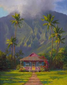 a painting of a house in the middle of palm trees with mountains in the background