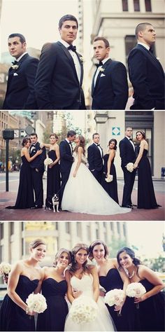 the bride and grooms are posing for pictures in their black dresses with white bouquets