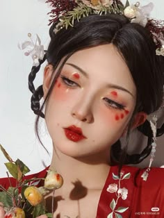 Cny Make Up, Chinese Red Makeup, Geisha Makeup Modern, Gumiho Aesthetic, Traditional Japanese Makeup, Ancient Chinese Makeup, Kitsune Makeup, Traditional Chinese Makeup, Lunar New Year Makeup