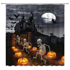 a halloween scene with skeletons and pumpkins in front of a castle shower curtain set