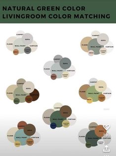 the color scheme for living room and bathroom is shown in shades of green, brown, blue